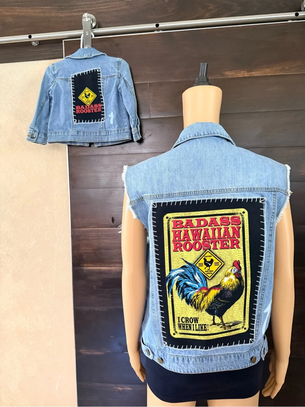 Upcycled Badass Hawaiian Rooster Distressed Denim Jacket Size 2T